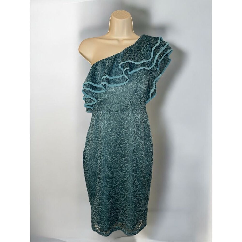 Haute Monde Womens One Shoulder Lace Bodycon Cocktail Dress Teal Size Medium